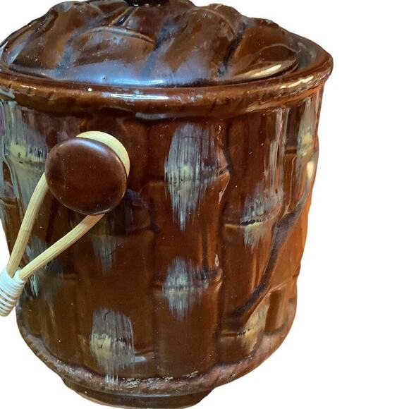 REDWARE 1960's Bamboo Cookie Biscuit Jar Rattan Handle JAPAN - Picture 3 of 8